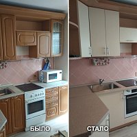 Замена фасадов, замена столешницы, замена мойки, замена ручек, частичная перепланировка с изготовлением шкафа под духовку. ул. Шарташская 9/2.