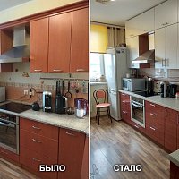 Замена фасадов ПВХ на суперглянцевый Акрил, замена столешницы, замена мойки, замена ручек, замена стеновой панели, частичная перепланировка и изготовление шкафов. ул. Шефская 103.